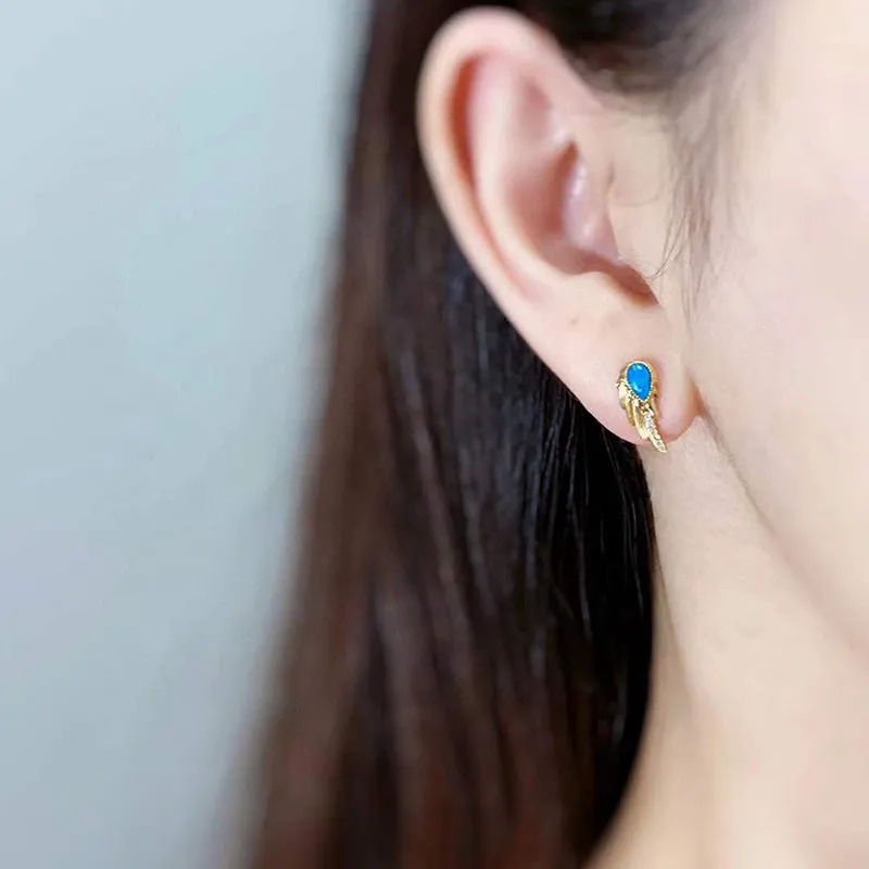 18K Gold 0.30ct Natural Opal 0.06ct Diamond Feather Shape Stud Earrings