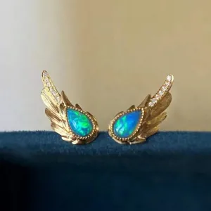 18K Gold 0.30ct Natural Opal 0.06ct Diamond Feather Shape Stud Earrings