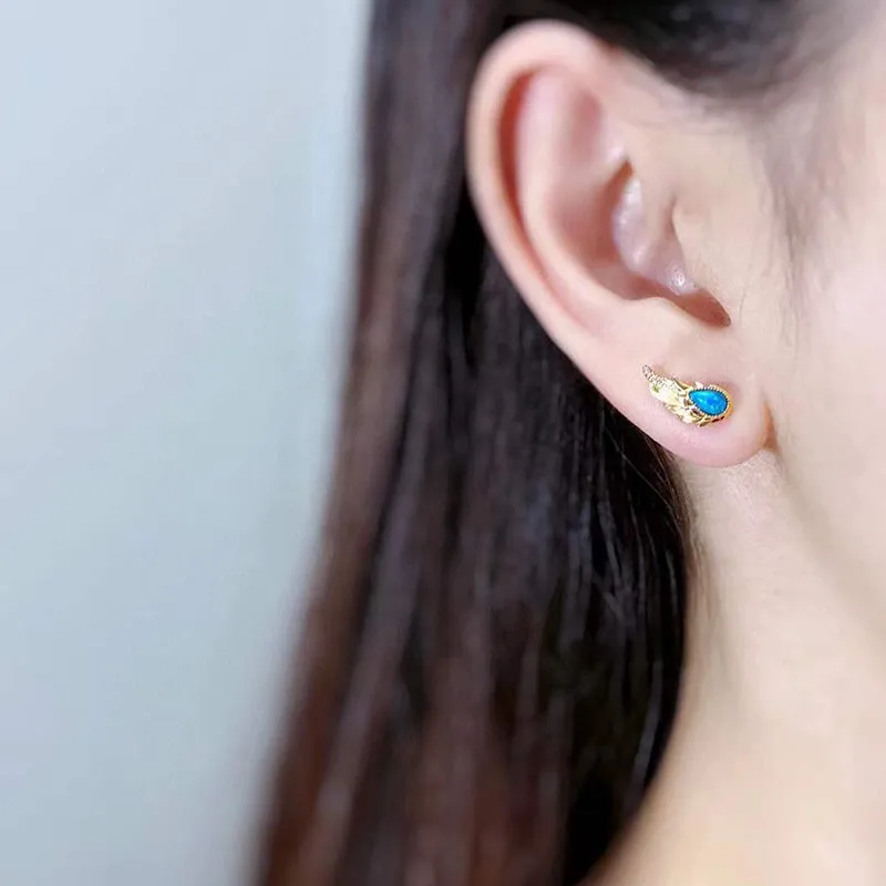 18K Gold 0.30ct Natural Opal 0.06ct Diamond Feather Shape Stud Earrings