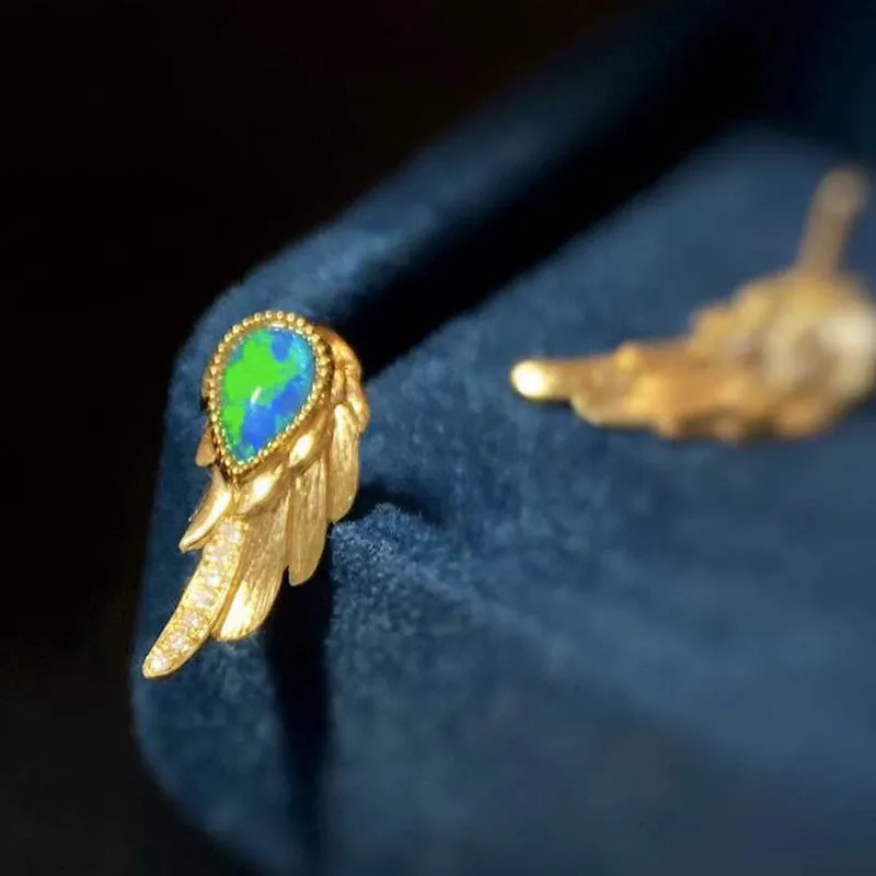 18K Gold 0.30ct Natural Opal 0.06ct Diamond Feather Shape Stud Earrings