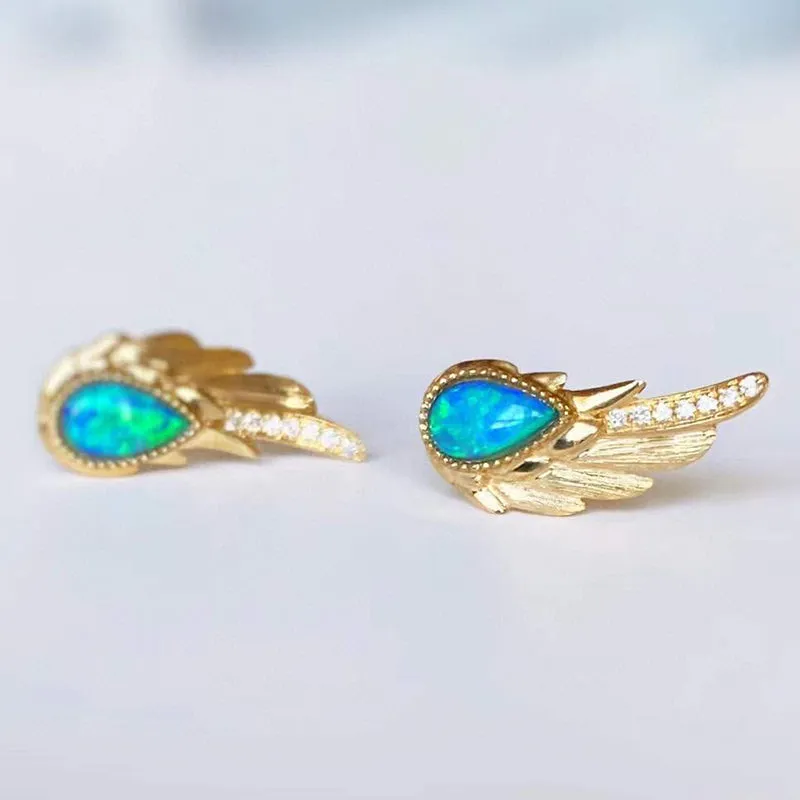 18K Gold 0.30ct Natural Opal 0.06ct Diamond Feather Shape Stud Earrings