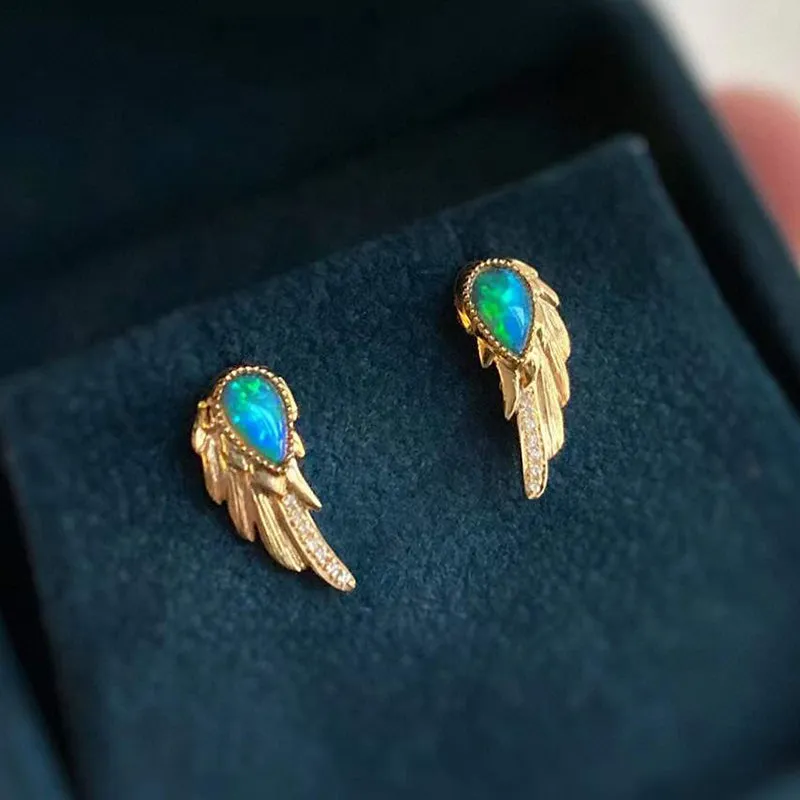 18K Gold 0.30ct Natural Opal 0.06ct Diamond Feather Shape Stud Earrings