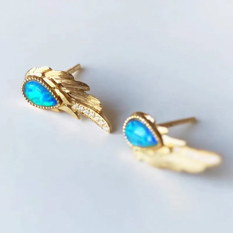 18K Gold 0.30ct Natural Opal 0.06ct Diamond Feather Shape Stud Earrings