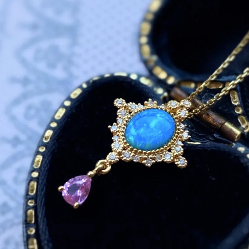 18K Gold 0.40ct Natural Opal Diamond Vintage Pendant Necklace 18"