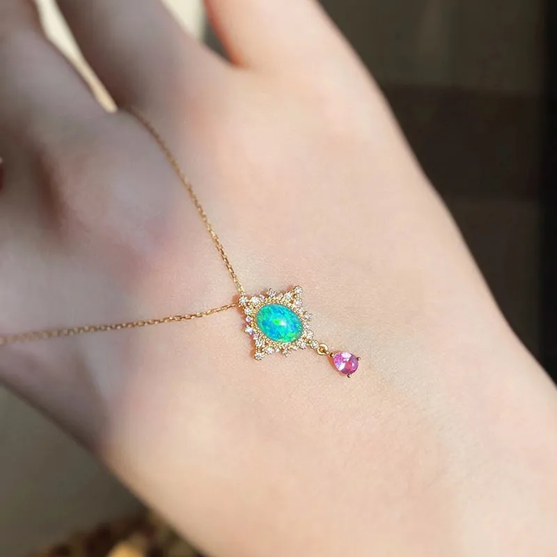 18K Gold 0.40ct Natural Opal Diamond Vintage Pendant Necklace 18"