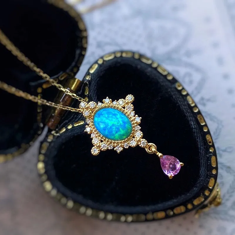 18K Gold 0.40ct Natural Opal Diamond Vintage Pendant Necklace 18"