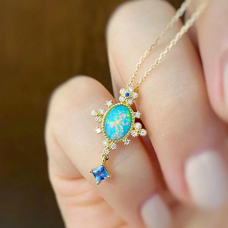 18K Gold 0.40ct Natural Opal Diamond Vintage Pendant Necklace 18"