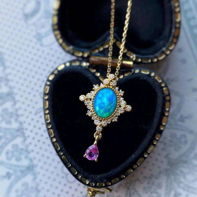18K Gold 0.40ct Natural Opal Diamond Vintage Pendant Necklace 18"