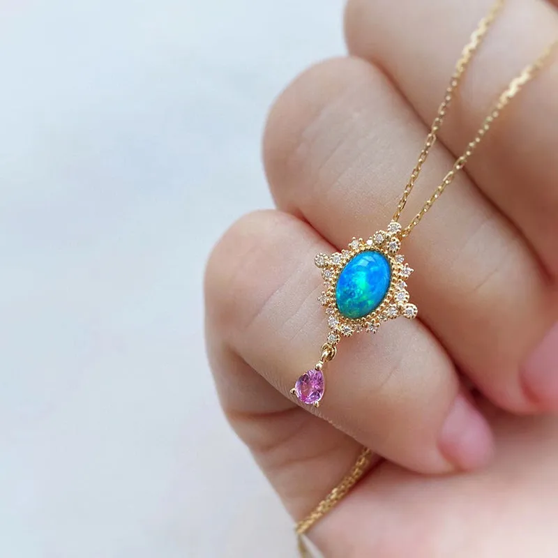 18K Gold 0.40ct Natural Opal Diamond Vintage Pendant Necklace 18"