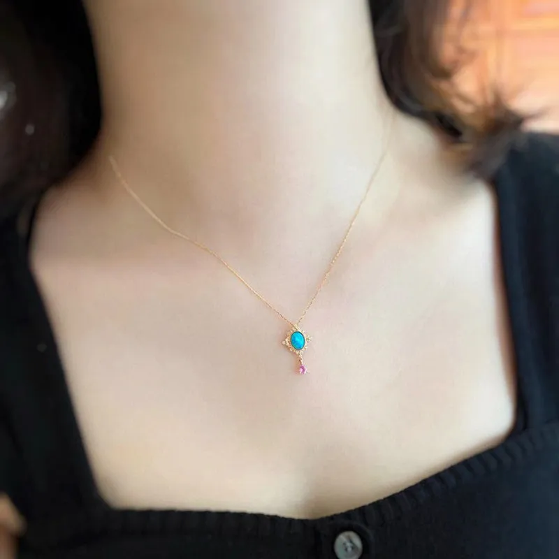 18K Gold 0.40ct Natural Opal Diamond Vintage Pendant Necklace 18"