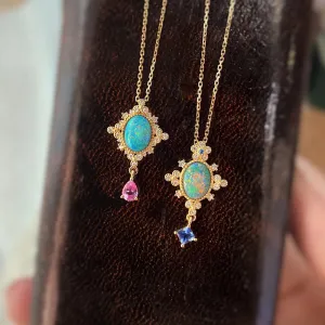 18K Gold 0.40ct Natural Opal Diamond Vintage Pendant Necklace 18"