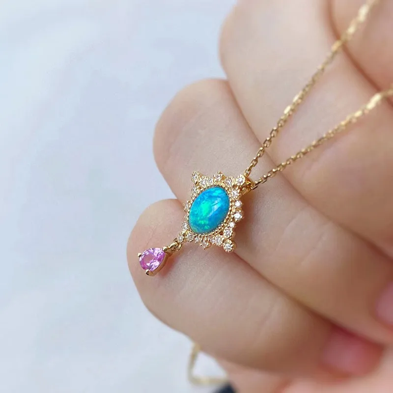 18K Gold 0.40ct Natural Opal Diamond Vintage Pendant Necklace 18"