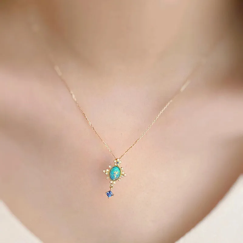18K Gold 0.40ct Natural Opal Diamond Vintage Pendant Necklace 18"