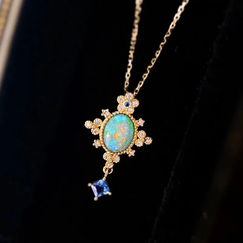 18K Gold 0.40ct Natural Opal Diamond Vintage Pendant Necklace 18"