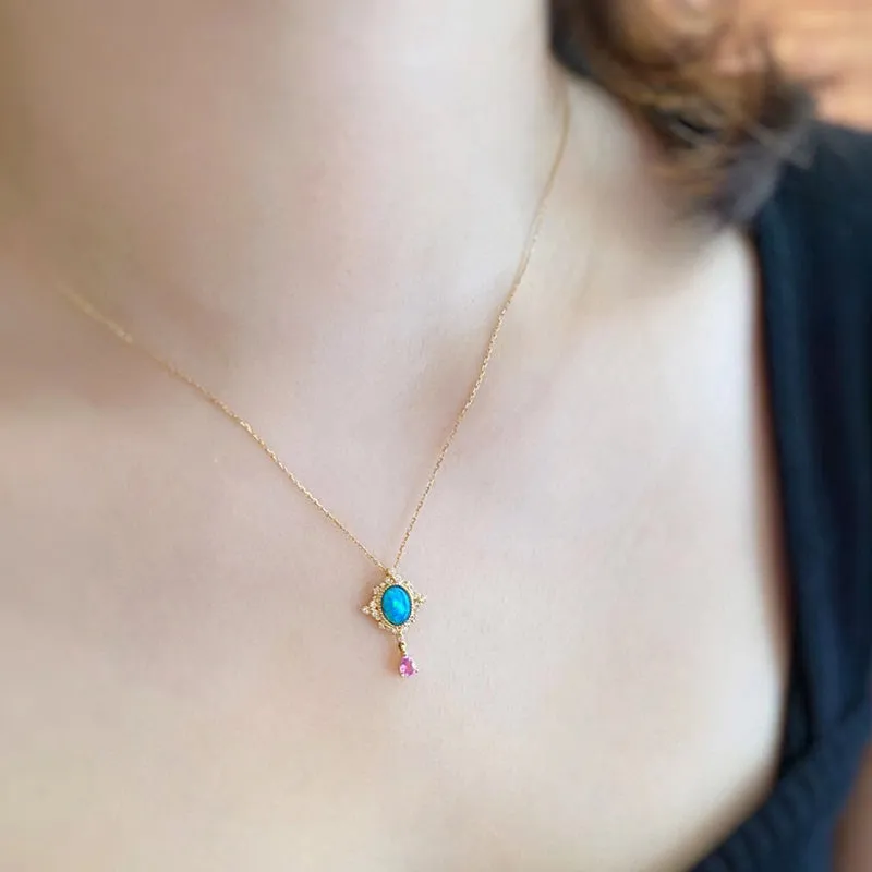 18K Gold 0.40ct Natural Opal Diamond Vintage Pendant Necklace 18"