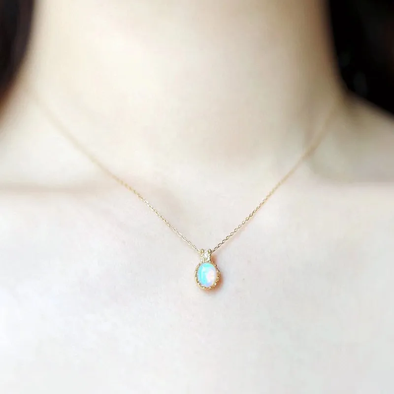 18K Gold 0.60ct Natural Opal Diamond Eggshell Shape Pendant Necklace 18"