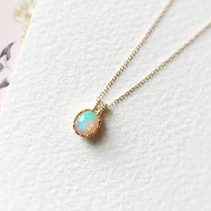 18K Gold 0.60ct Natural Opal Diamond Eggshell Shape Pendant Necklace 18"