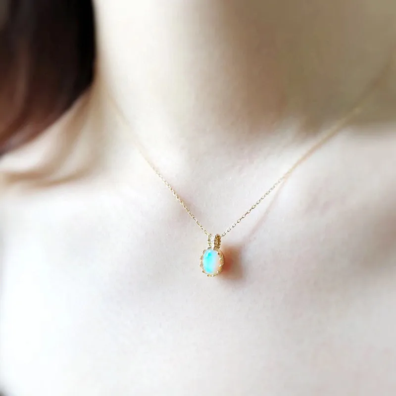 18K Gold 0.60ct Natural Opal Diamond Eggshell Shape Pendant Necklace 18"