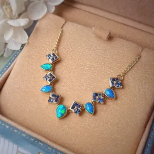 18K Gold 0.8ct Natural Opal Real 0.8ct Sapphire Necklace 18"