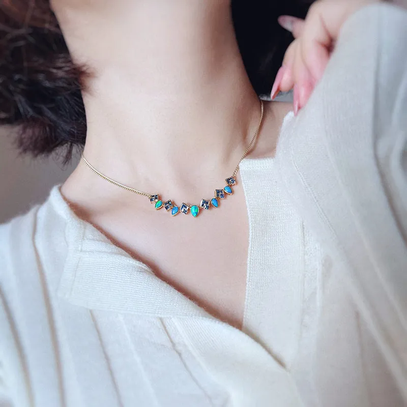 18K Gold 0.8ct Natural Opal Real 0.8ct Sapphire Necklace 18"