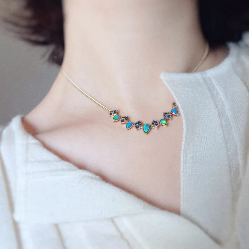 18K Gold 0.8ct Natural Opal Real 0.8ct Sapphire Necklace 18"