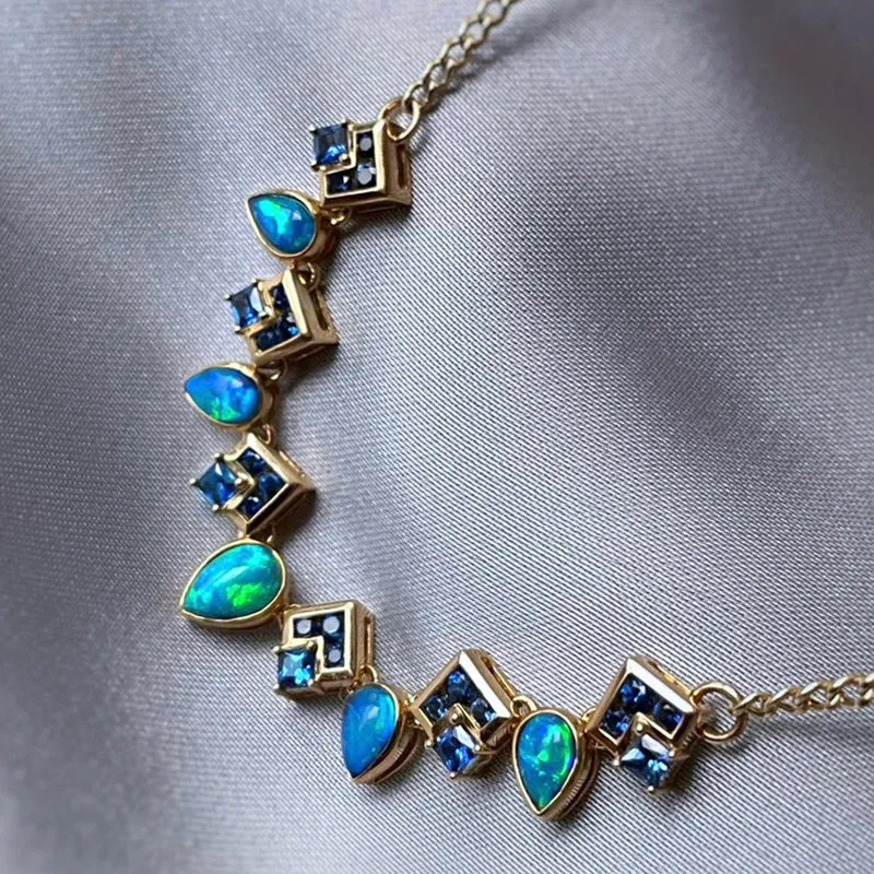 18K Gold 0.8ct Natural Opal Real 0.8ct Sapphire Necklace 18"