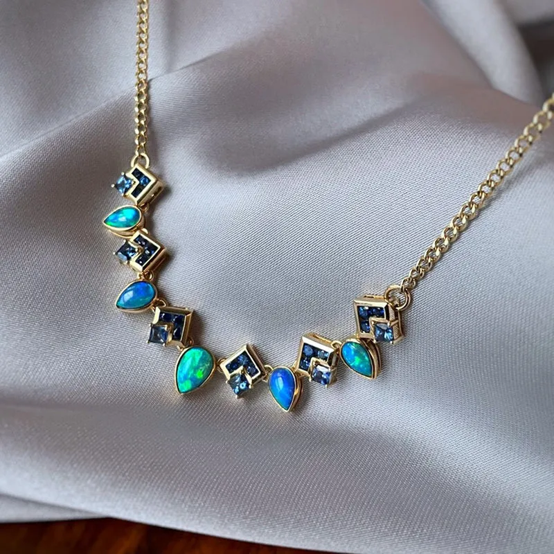 18K Gold 0.8ct Natural Opal Real 0.8ct Sapphire Necklace 18"