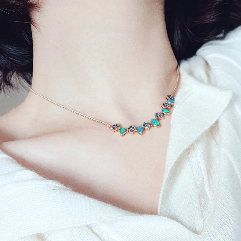 18K Gold 0.8ct Natural Opal Real 0.8ct Sapphire Necklace 18"