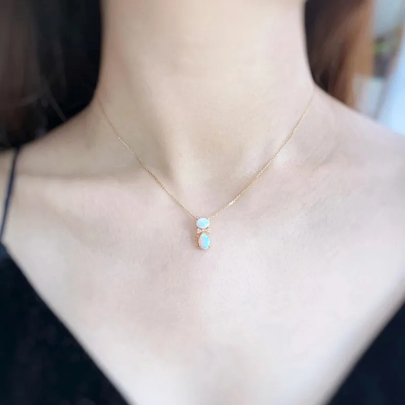 18k Gold 1.0ct Natural Opal Real Diamond Cat Shape Pendant Necklace 18"