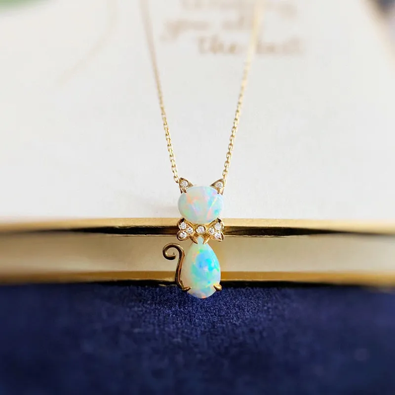 18k Gold 1.0ct Natural Opal Real Diamond Cat Shape Pendant Necklace 18"