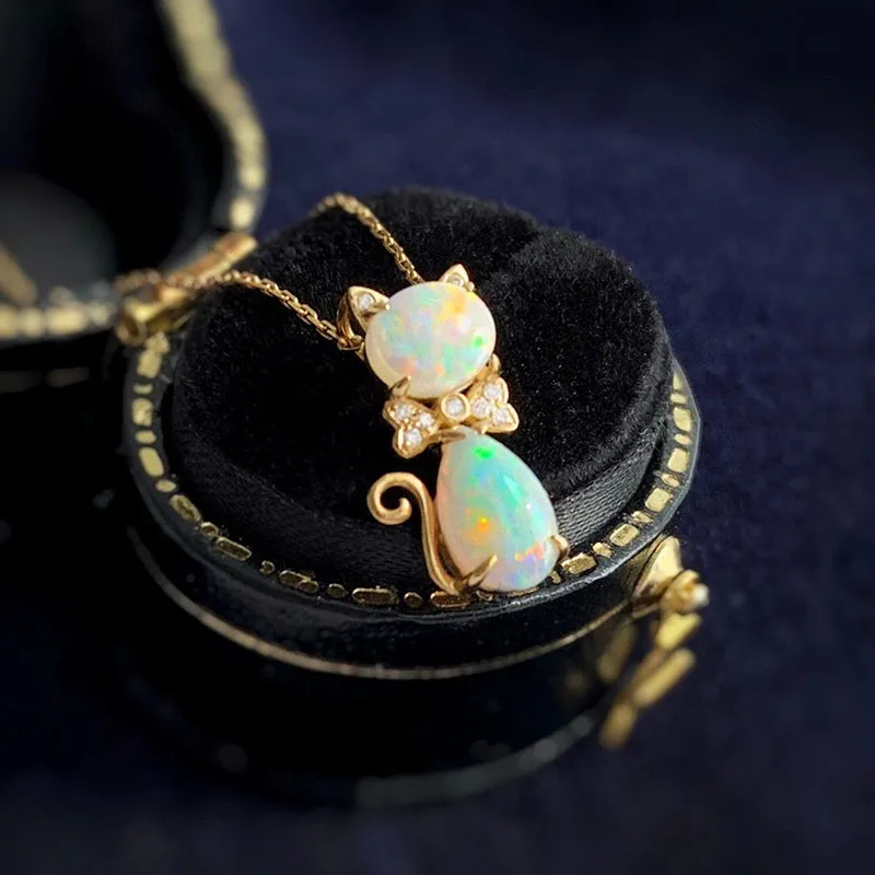 18k Gold 1.0ct Natural Opal Real Diamond Cat Shape Pendant Necklace 18"