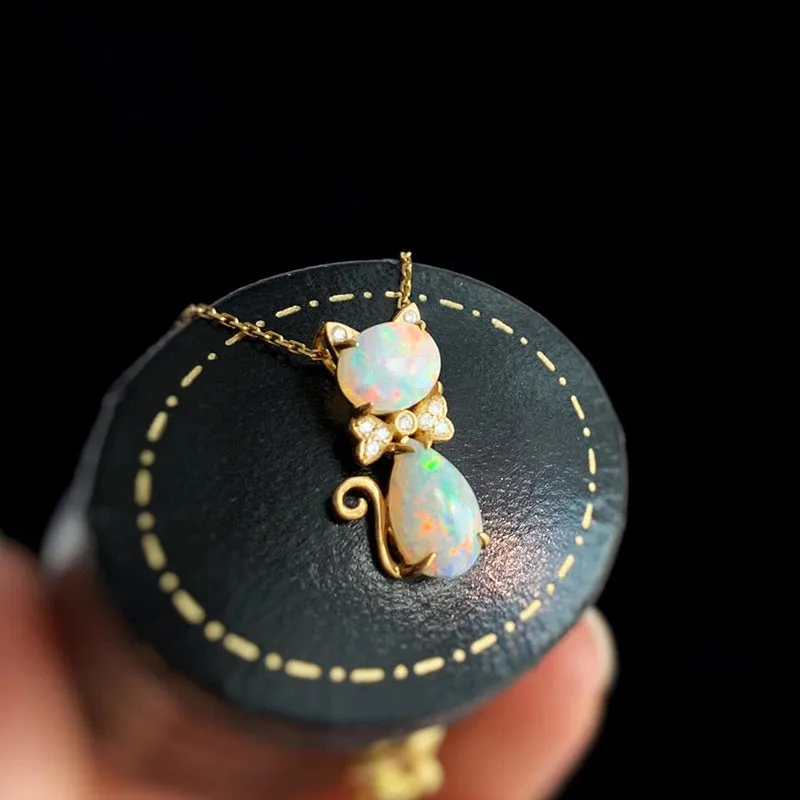 18k Gold 1.0ct Natural Opal Real Diamond Cat Shape Pendant Necklace 18"