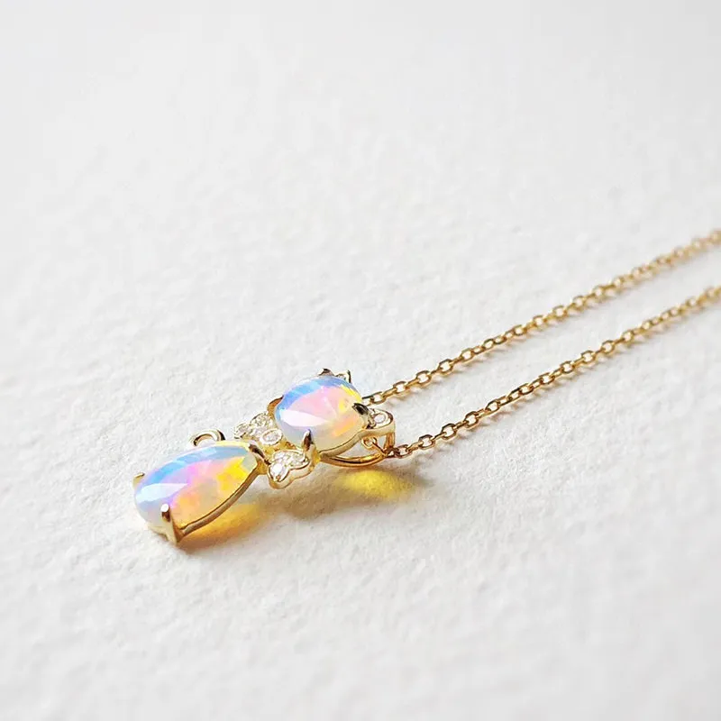 18k Gold 1.0ct Natural Opal Real Diamond Cat Shape Pendant Necklace 18"