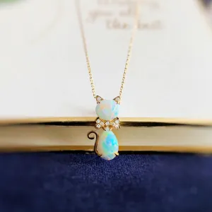 18k Gold 1.0ct Natural Opal Real Diamond Cat Shape Pendant Necklace 18"