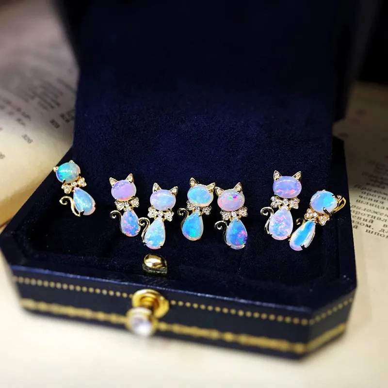 18k Gold 1.0ct Natural Opal Real Diamond Cat Shape Pendant Necklace 18"