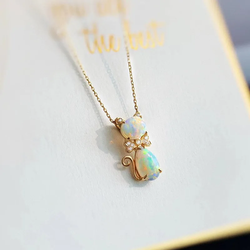 18k Gold 1.0ct Natural Opal Real Diamond Cat Shape Pendant Necklace 18"
