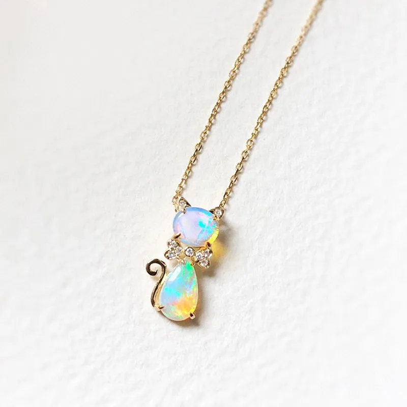 18k Gold 1.0ct Natural Opal Real Diamond Cat Shape Pendant Necklace 18"