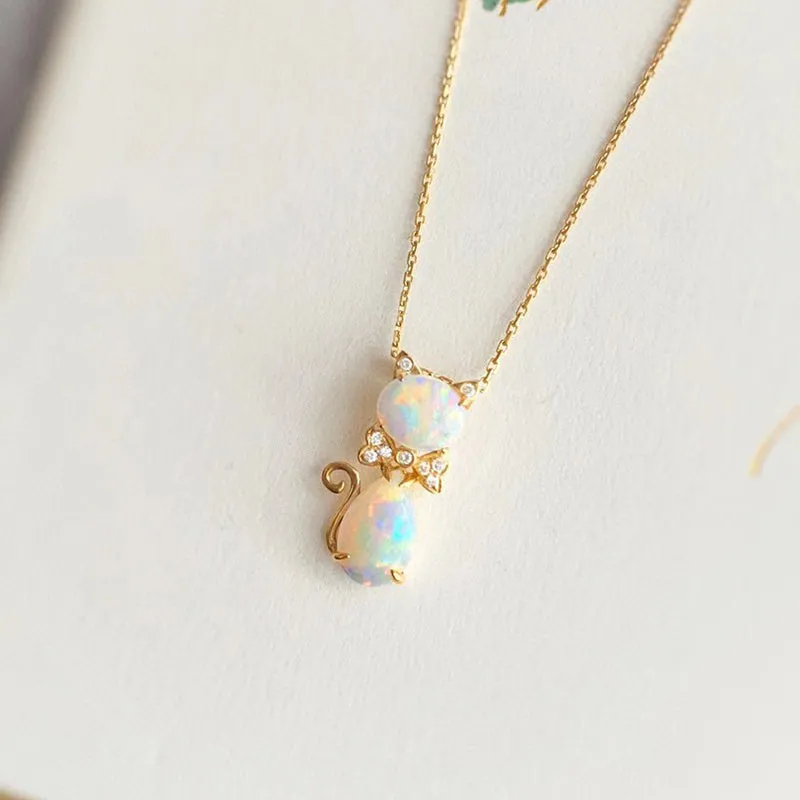 18k Gold 1.0ct Natural Opal Real Diamond Cat Shape Pendant Necklace 18"