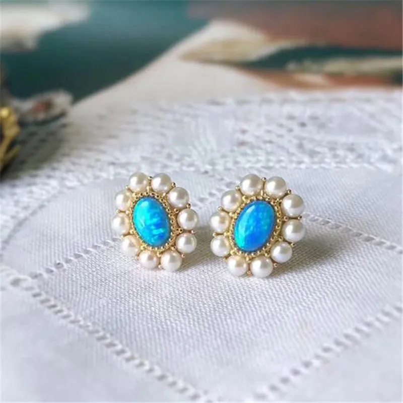 18K Gold AKOYA Pearl Oval Cut Natural Opal 11X13M Exquisite Earrings