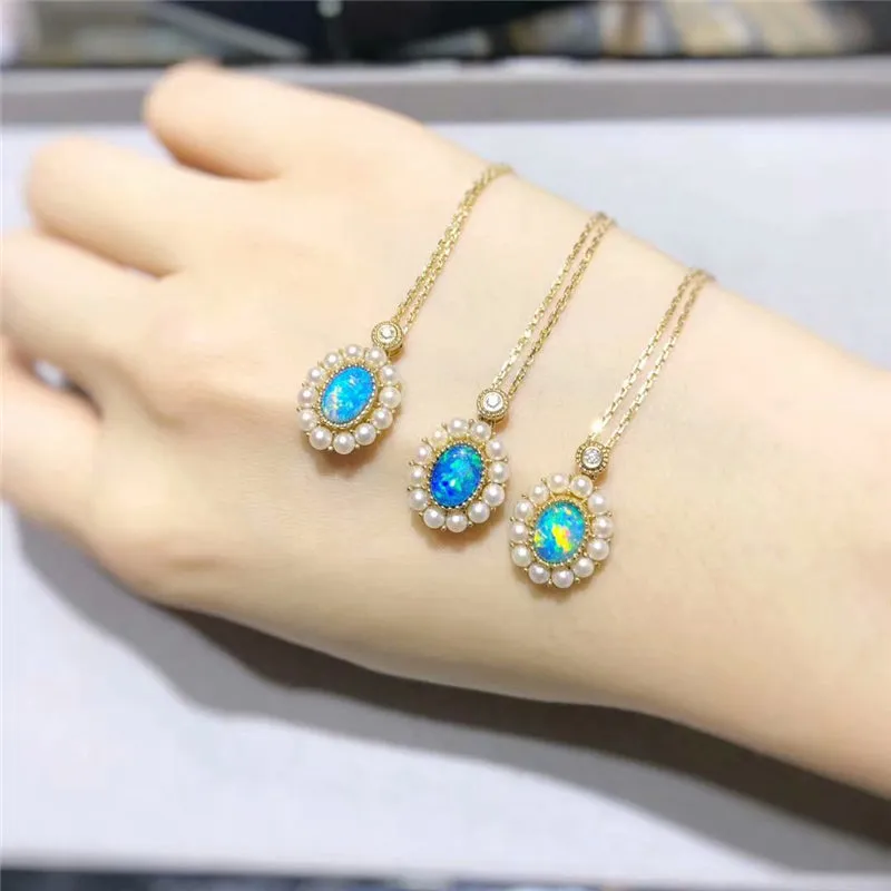 18K Gold AKOYA Pearl Oval Cut Natural Opal 12X14M Exquisite Pendant Necklace