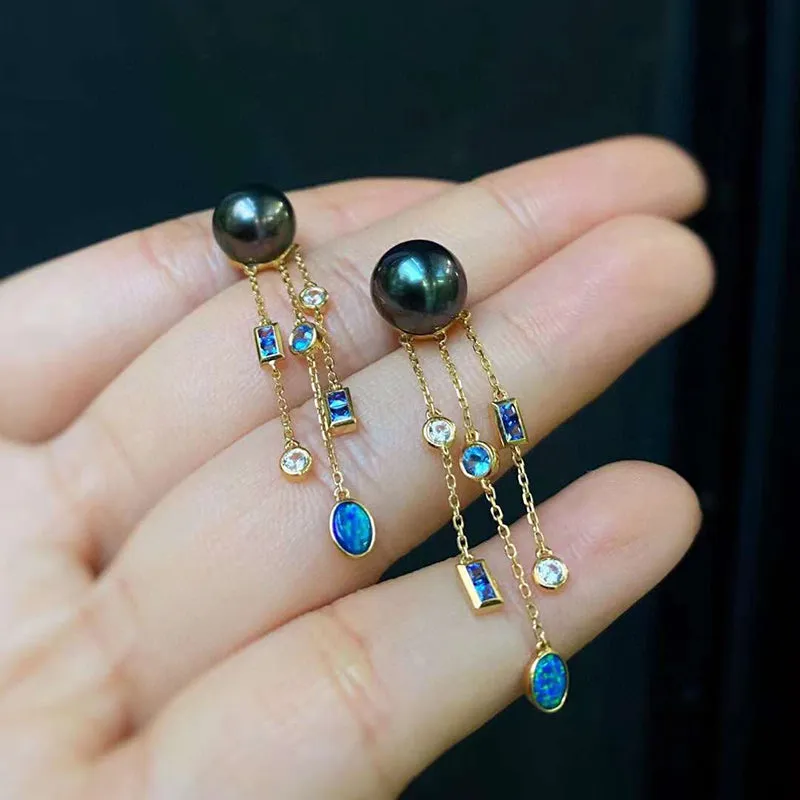18K Gold  Black Pearl & 0.2ct Natural Opal Sapphire Diamond Drop Earrings