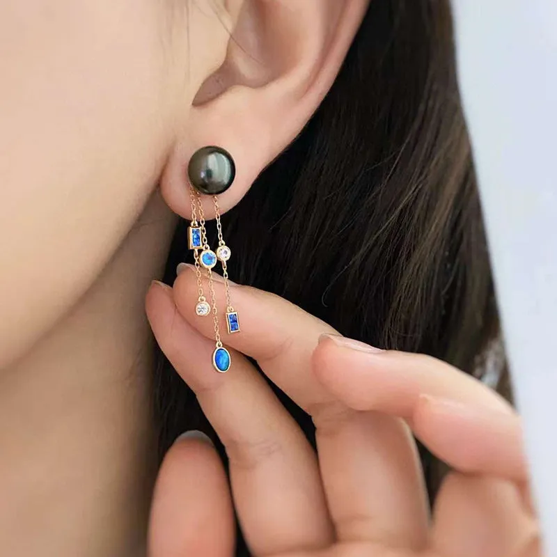 18K Gold  Black Pearl & 0.2ct Natural Opal Sapphire Diamond Drop Earrings