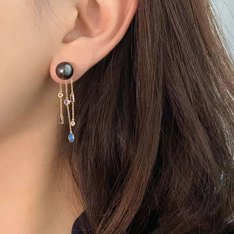 18K Gold  Black Pearl & 0.2ct Natural Opal Sapphire Diamond Drop Earrings