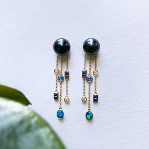 18K Gold  Black Pearl & 0.2ct Natural Opal Sapphire Diamond Drop Earrings