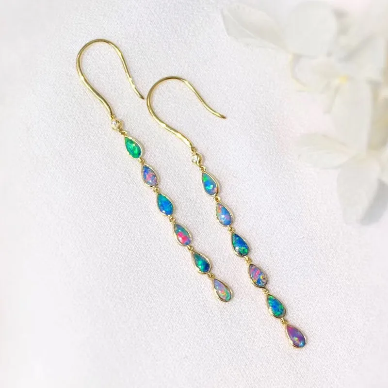 18K Gold Diamond Pear Cut Natural Opal 5CM Ear Hook