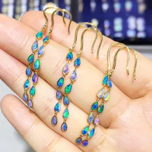 18K Gold Diamond Pear Cut Natural Opal 5CM Ear Hook