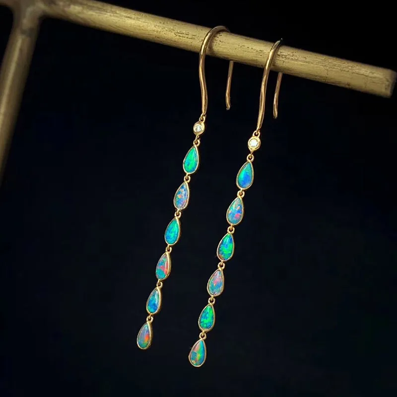 18K Gold Diamond Pear Cut Natural Opal 5CM Ear Hook