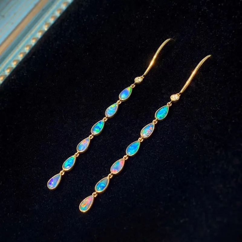 18K Gold Diamond Pear Cut Natural Opal 5CM Ear Hook