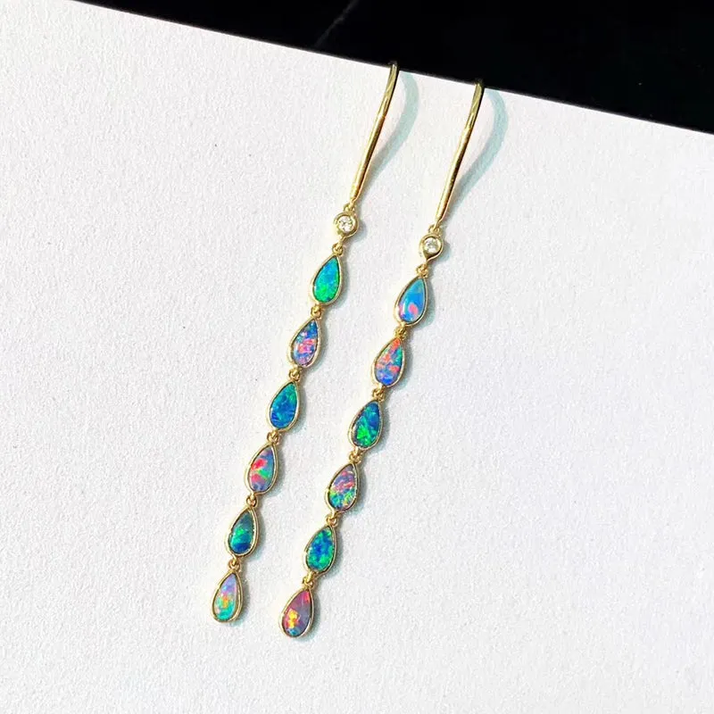 18K Gold Diamond Pear Cut Natural Opal 5CM Ear Hook