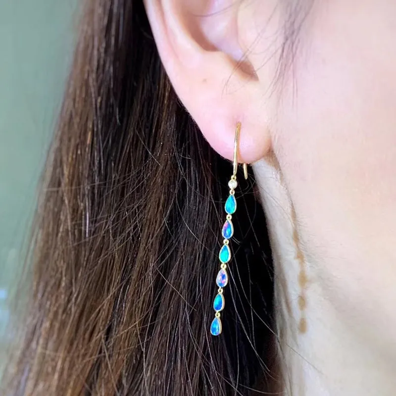 18K Gold Diamond Pear Cut Natural Opal 5CM Ear Hook